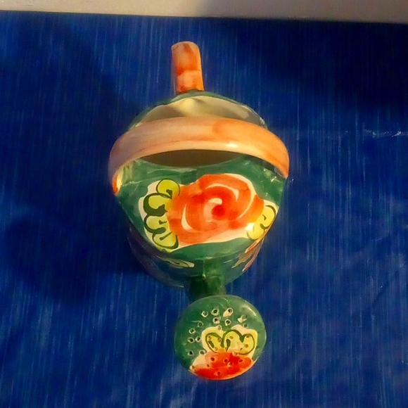 Ceramic watering can green with pink flowers - Picture 5 of 7